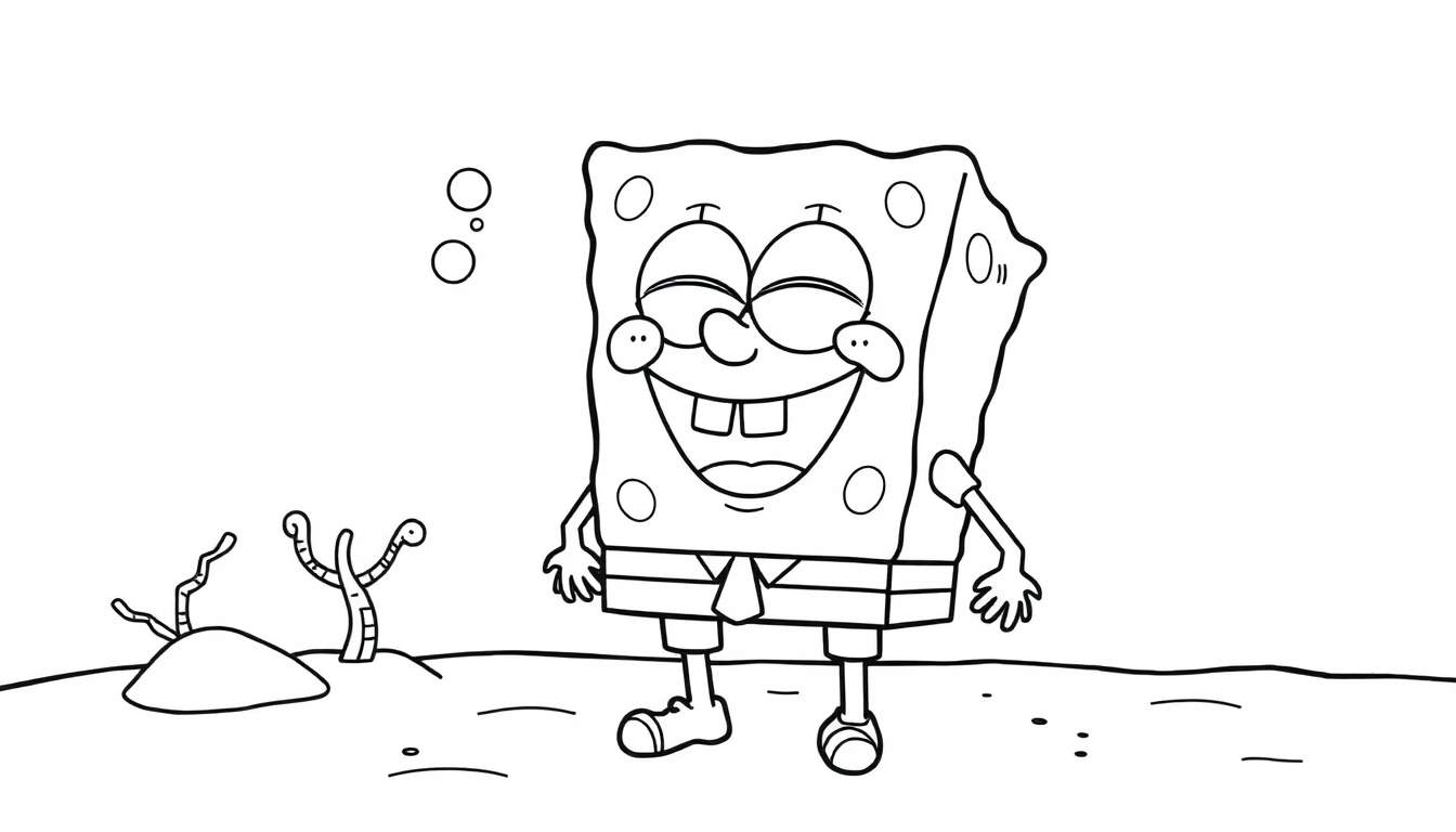A cute black and white color panel of SpongeBob SquarePants laughing with eyes closed in Bikini Bottom, showing his buck teeth.