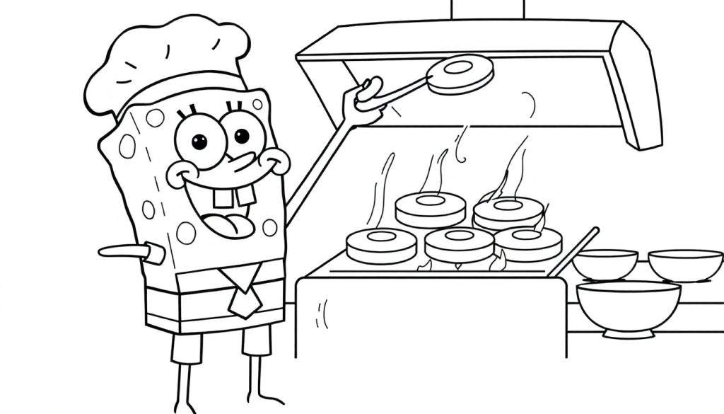 SpongeBob SquarePants as a chef in a black and white color panel, flipping Krabby Patties on a cooking range.