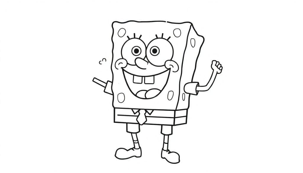 A cute black and white coloring page of SpongeBob SquarePants laughing while holding a spatula, ready for a Krabby Patty adventure! This color panel is ready for your artistic touch.