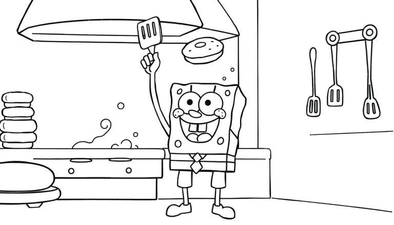 A black and white color panel of SpongeBob SquarePants gleefully flipping a Krabby Patty in the Krusty Krab kitchen, ready for coloring.