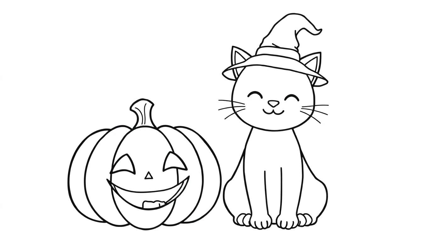 A friendly cat wearing a witch hat next to a smiling pumpkin, a Halloween color panel.