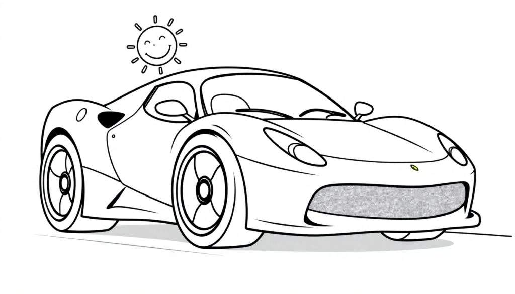 A smiling sun above a black and white sports car outline, perfect for a color panel adventure.