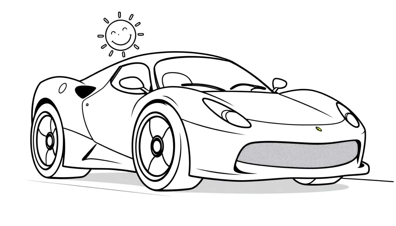 A smiling sun above a black and white sports car outline, perfect for a color panel adventure.