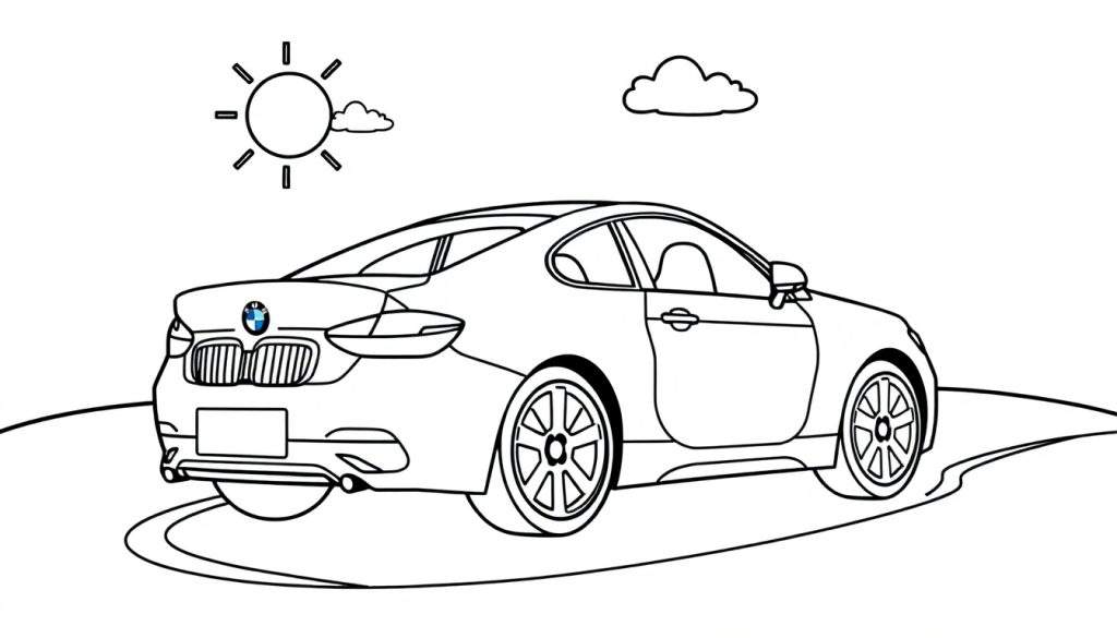 A cute black and white color panel drawing of a sporty BMW coupe, ready for adventure on a sunny road with fluffy clouds.