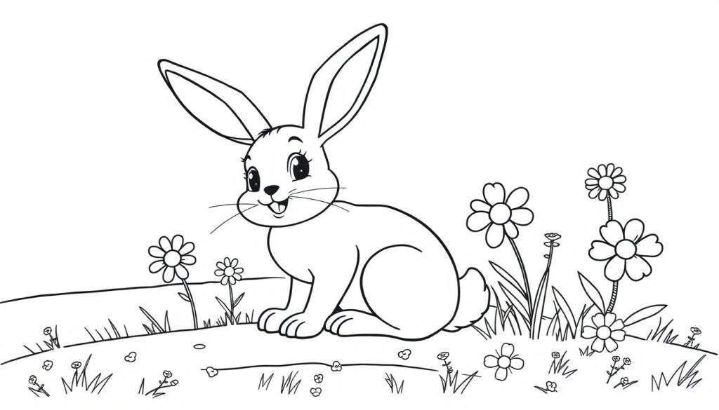 A cute bunny in a flower field, a black and white color panel for spring fun.