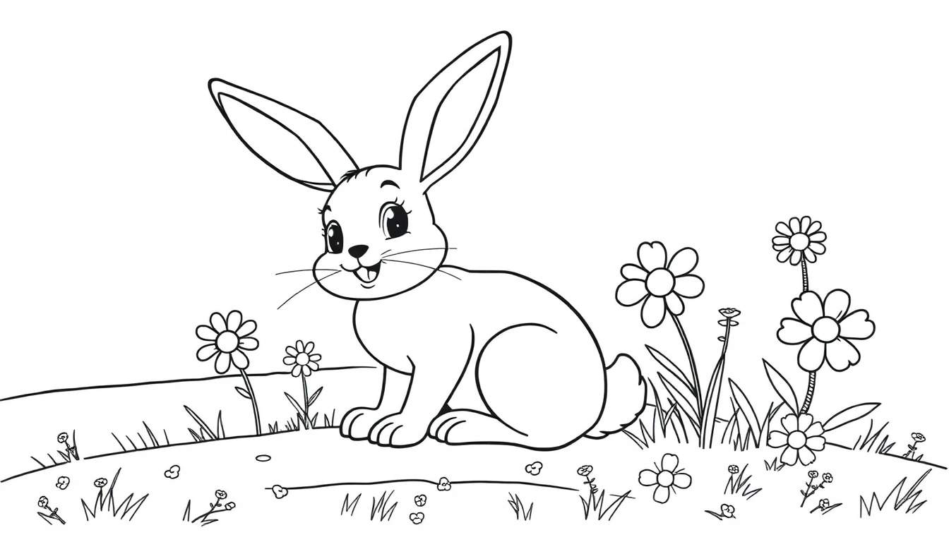 A cute bunny in a flower field, a black and white color panel for spring fun.