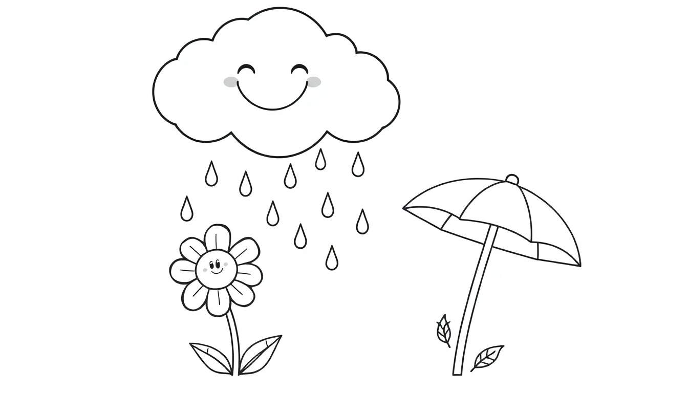 A black and white cartoon drawing of a happy cloud raining on a happy flower, with an umbrella and leaves. A fun color panel for kids.
