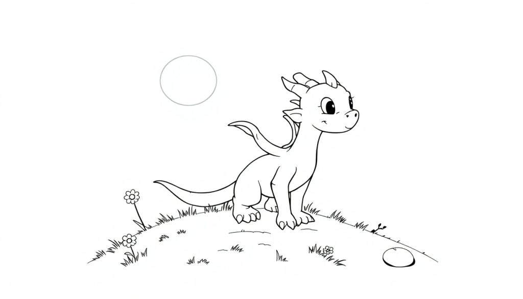 A friendly cartoon dragon on a grassy mound, in a black and white color panel.