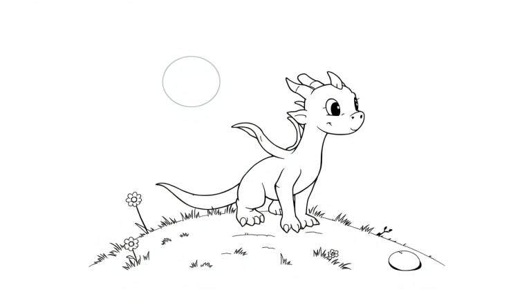A friendly cartoon dragon on a grassy mound, in a black and white color panel.