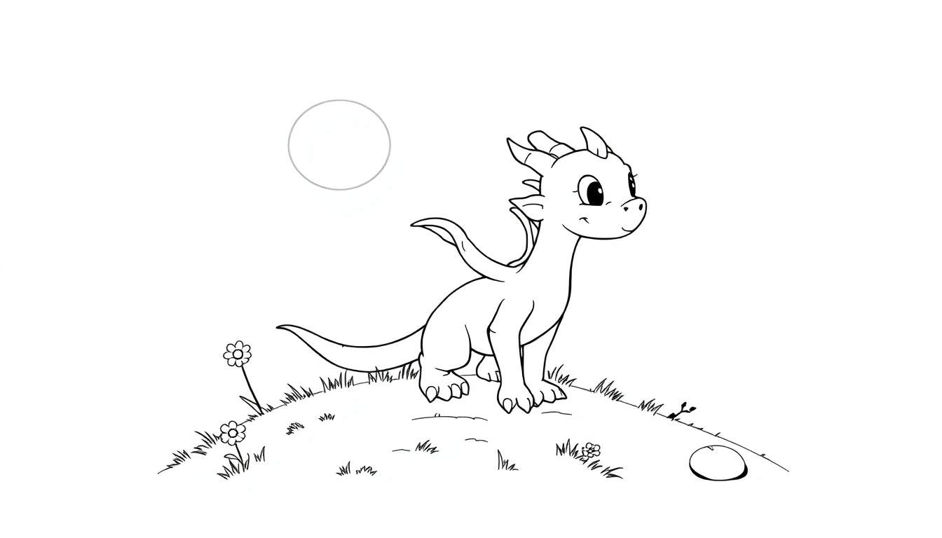 A friendly cartoon dragon on a grassy mound, in a black and white color panel.