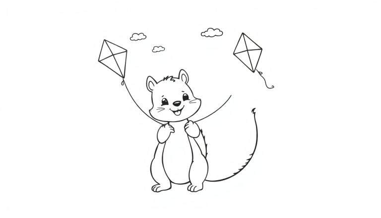 A smiling squirrel holding kite strings in a black-and-white color panel illustration.