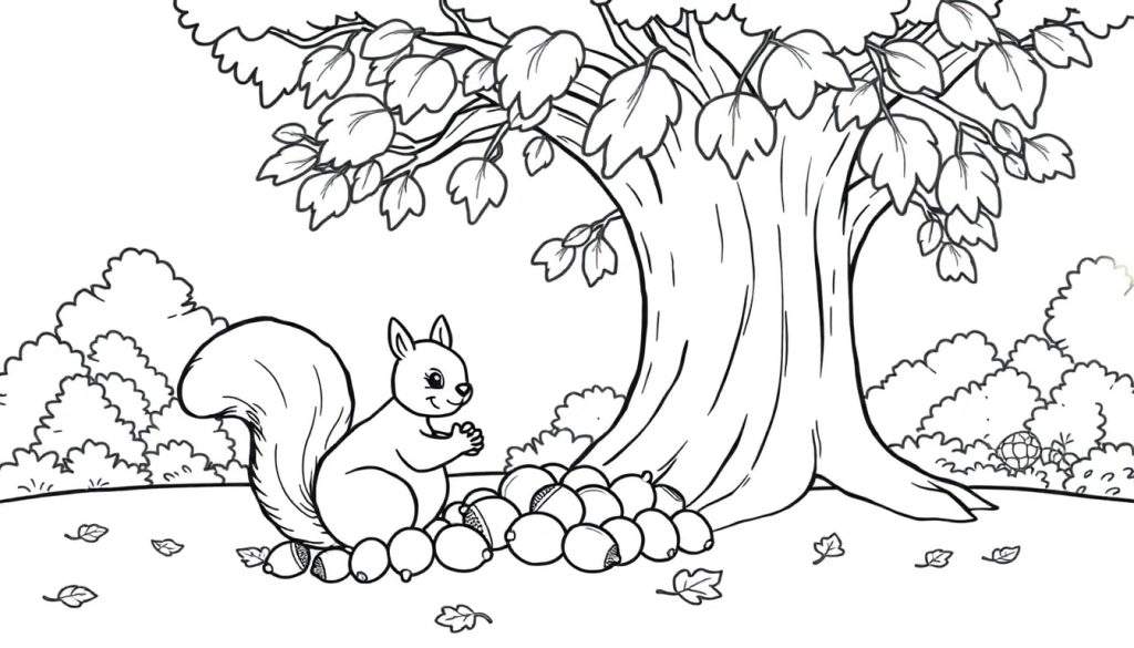 A cute squirrel with a fluffy tail is gathering acorns under a large tree, perfect for a color panel.