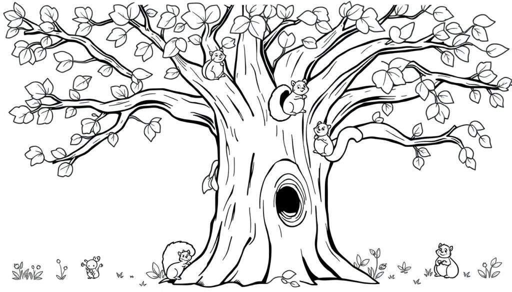 A black and white illustration of a large oak tree with five squirrels and a small ground animal, designed as a color panel.