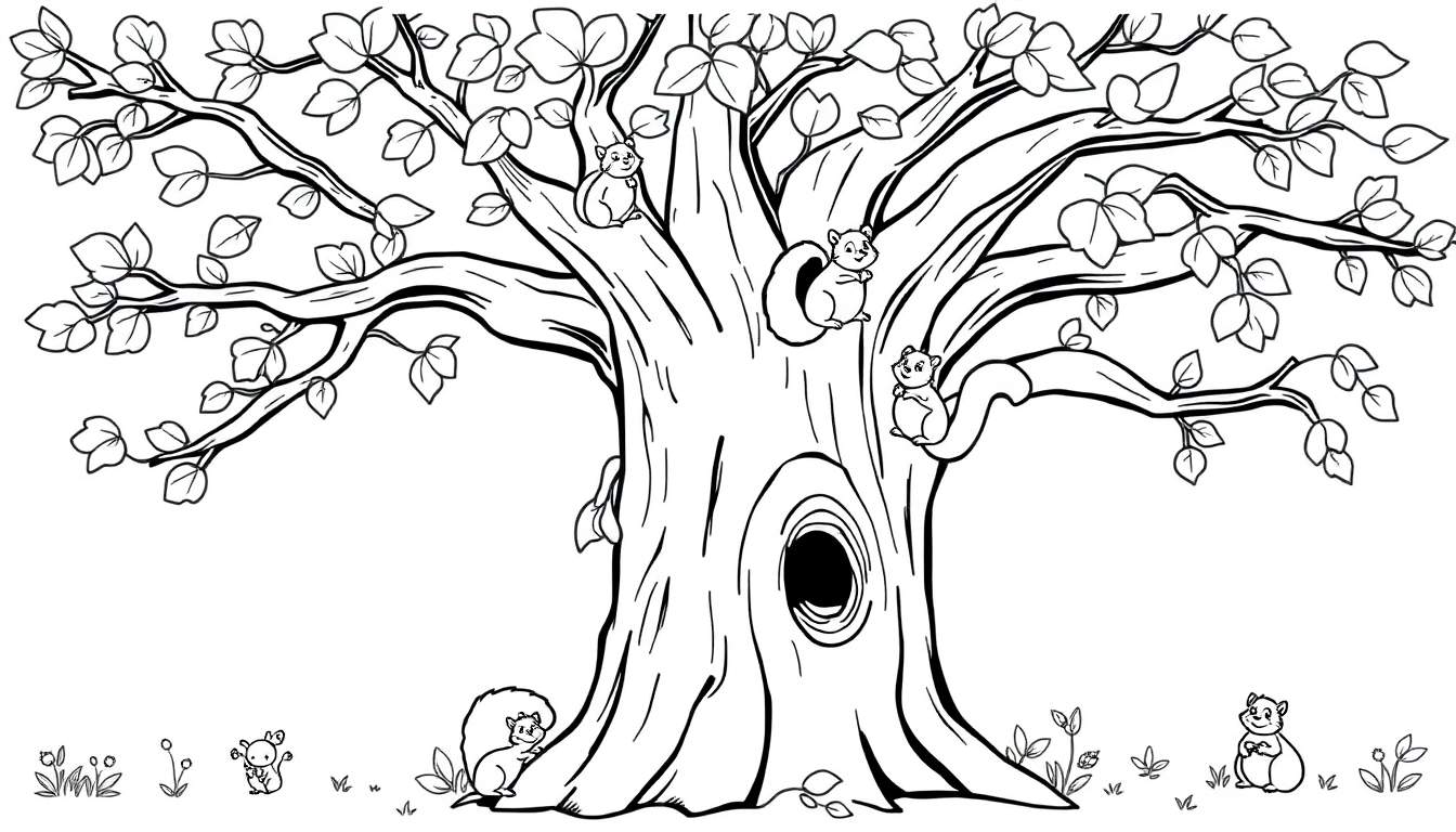 A black and white illustration of a large oak tree with five squirrels and a small ground animal, designed as a color panel.