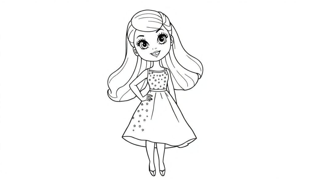 A black and white cartoon drawing of a smiling young girl with long wavy hair and a star-decorated dress, perfect for a color panel.