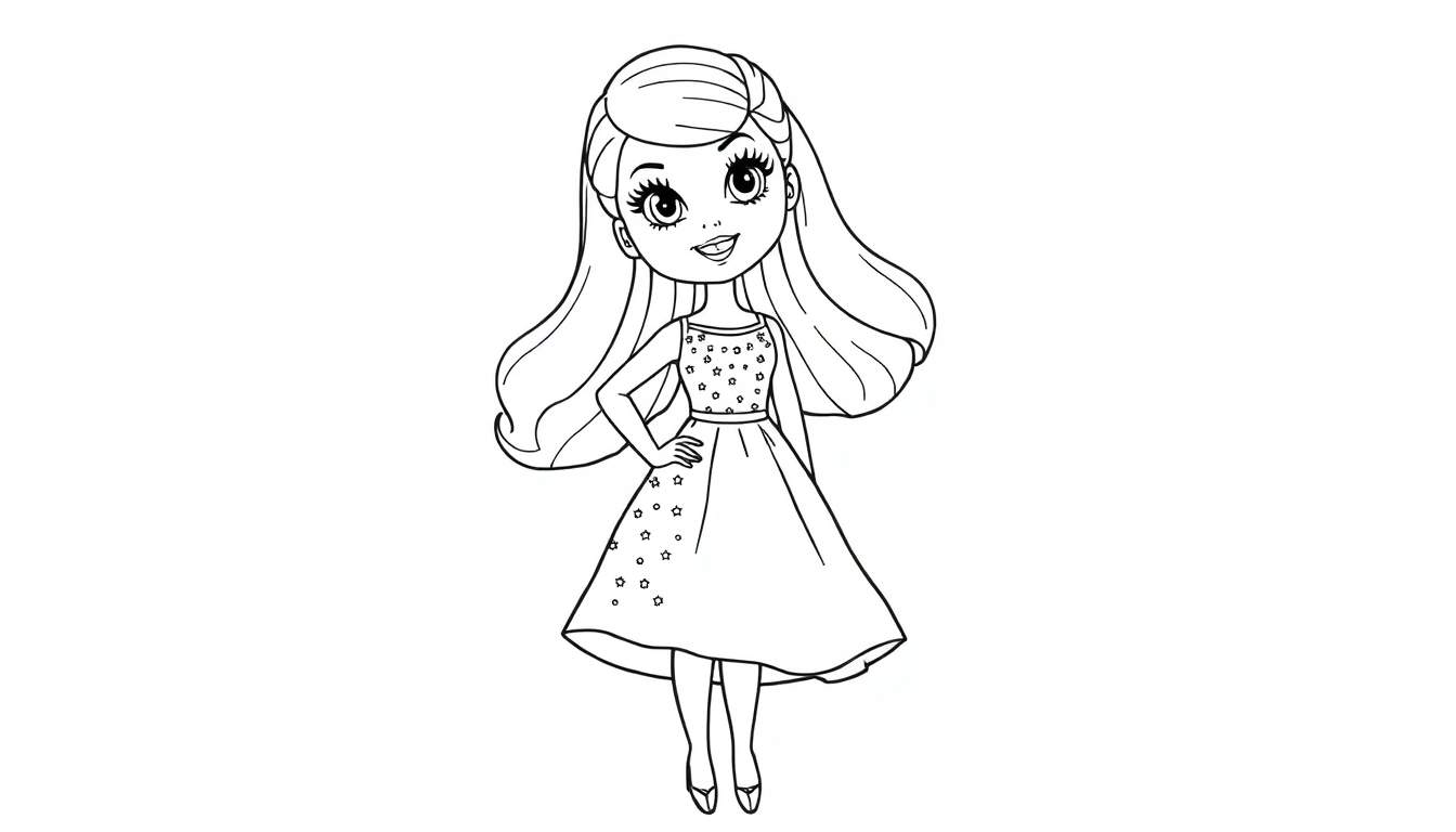 A black and white cartoon drawing of a smiling young girl with long wavy hair and a star-decorated dress, perfect for a color panel.