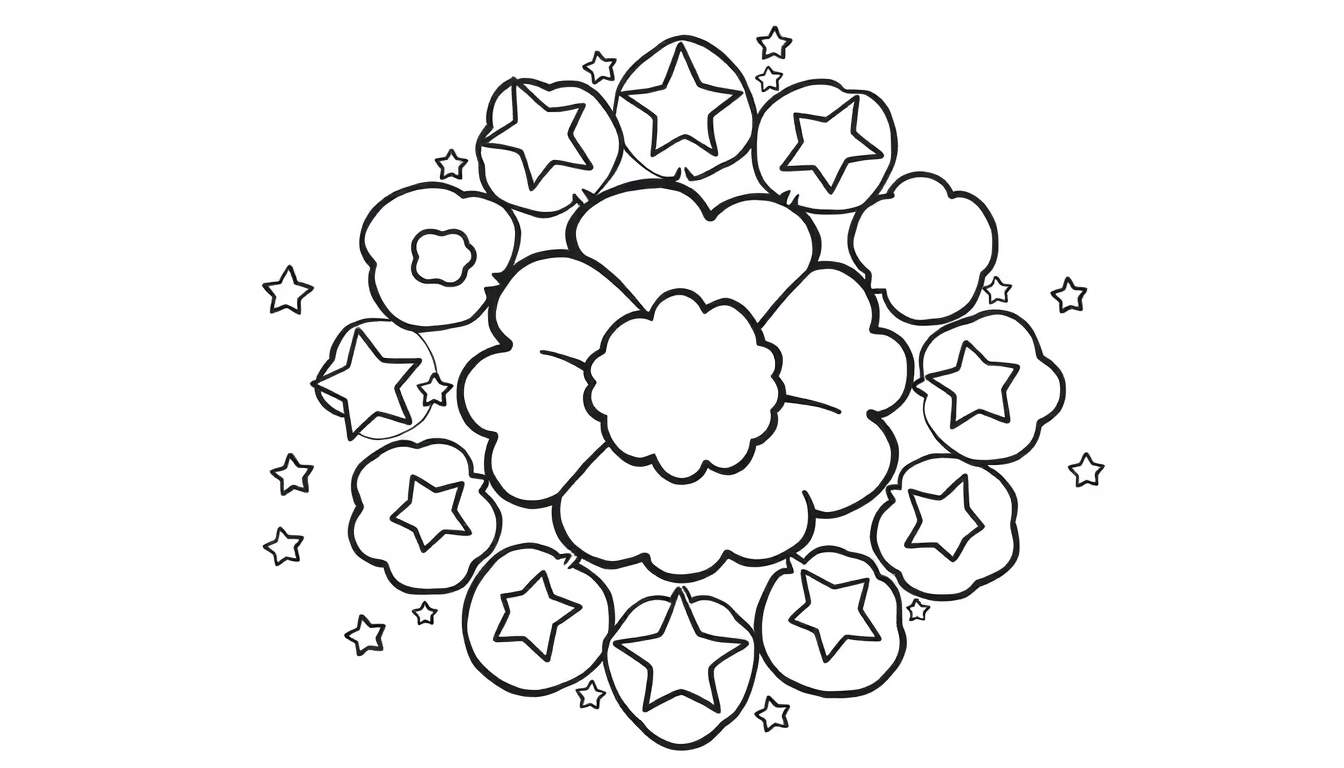 A black and white mandala color panel with a central flower and stars.