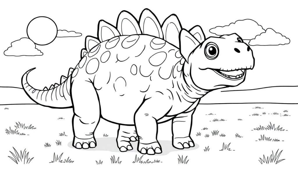 A cartoon stegosaurus in a grassy field, a ready-to-color panel.