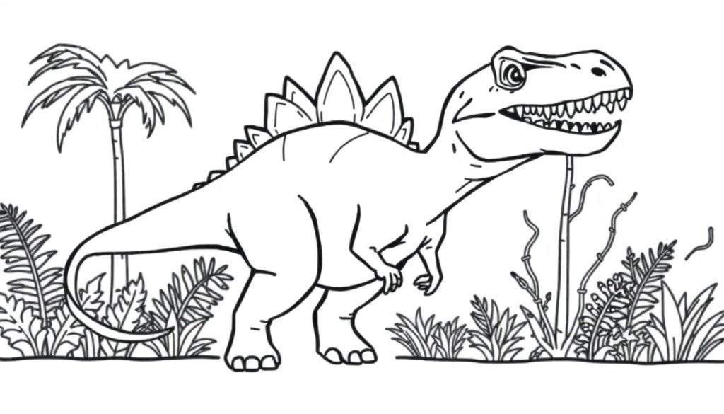 A friendly Stegosaurus is ready for a coloring adventure in this black and white jungle scene, a delightful color panel for kids.