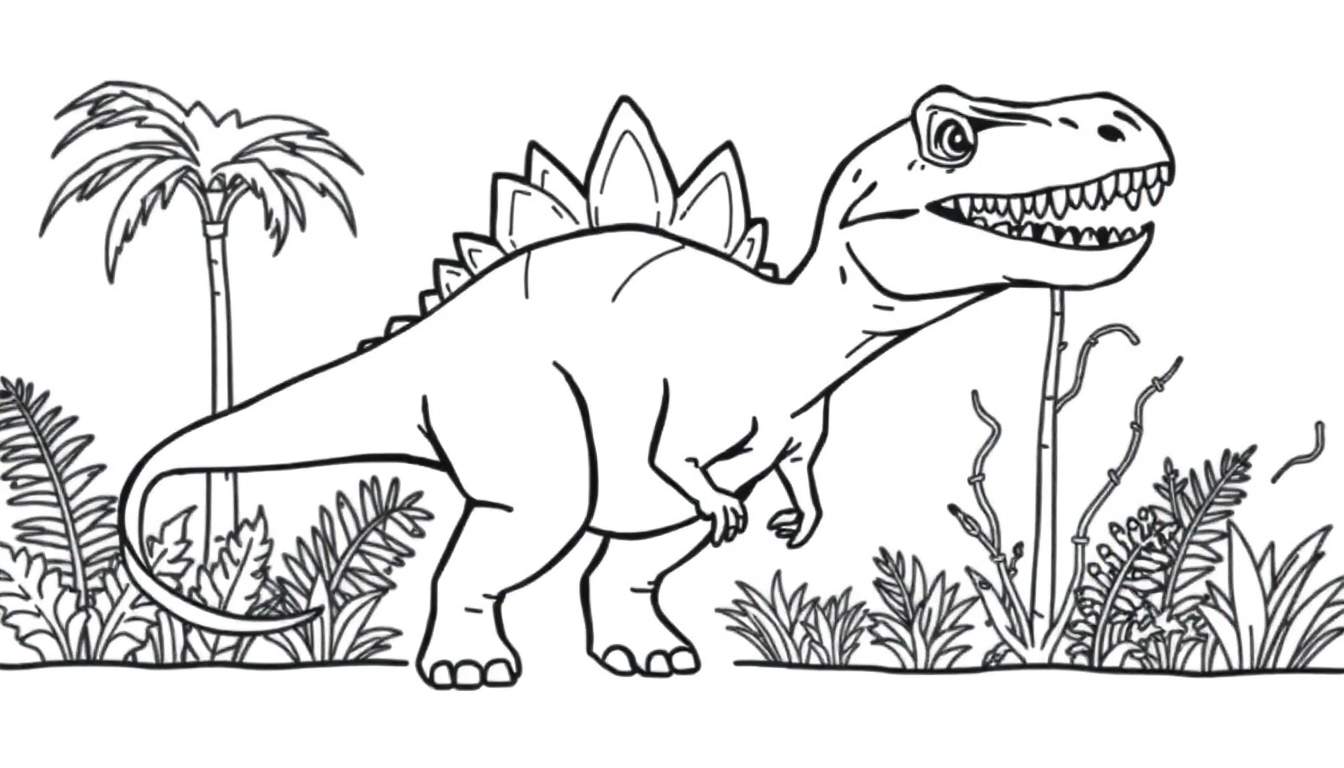 A friendly Stegosaurus is ready for a coloring adventure in this black and white jungle scene, a delightful color panel for kids.