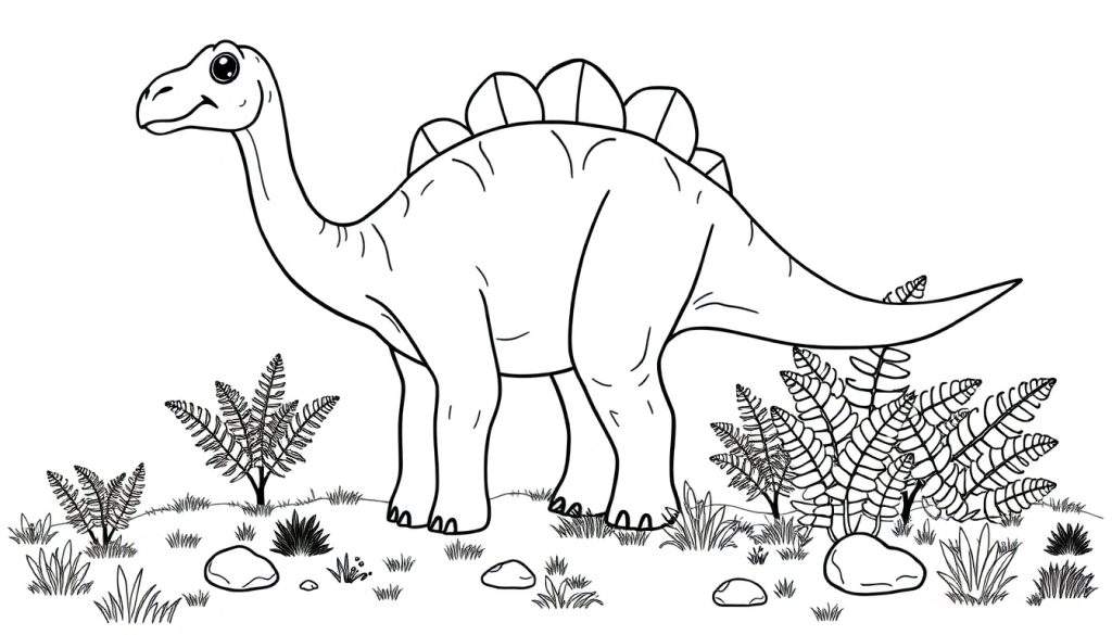 A friendly Stegosaurus ready for a color panel, standing in a green meadow with plants and rocks.