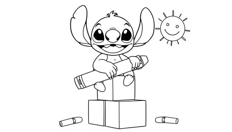 A black and white Stitch coloring page, with Stitch holding a large crayon and sitting on boxes, a sun smiling above, ready for this color panel.