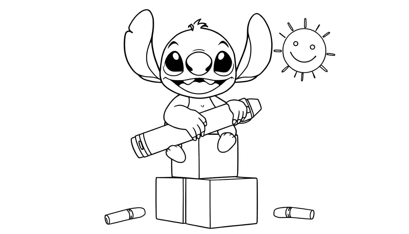 A black and white Stitch coloring page, with Stitch holding a large crayon and sitting on boxes, a sun smiling above, ready for this color panel.