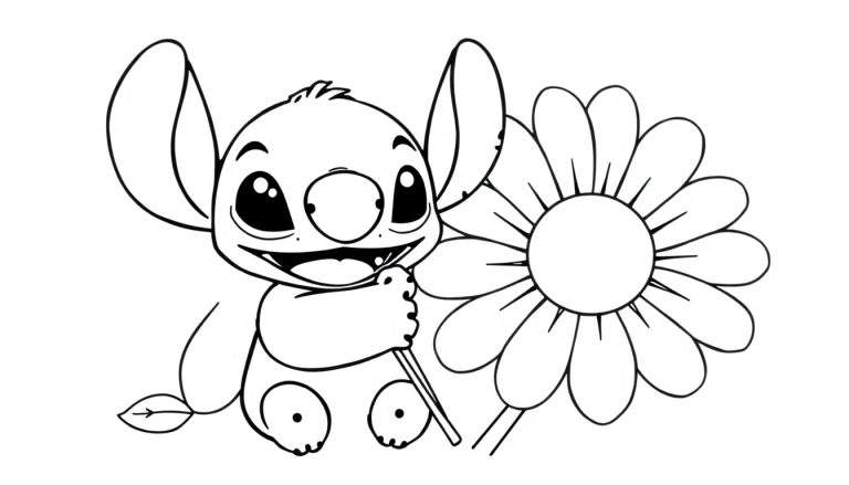 A cute black and white Stitch hugging a flower, ready for a color panel.