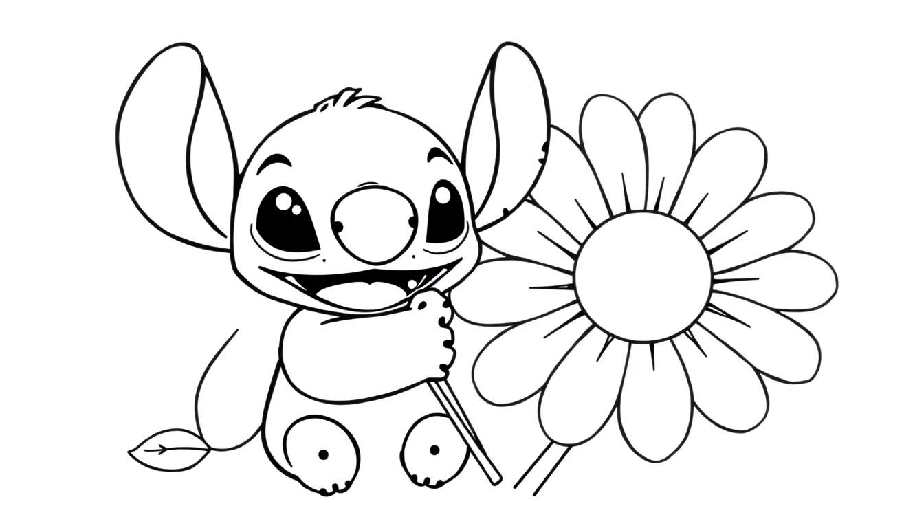 A cute black and white Stitch hugging a flower, ready for a color panel.