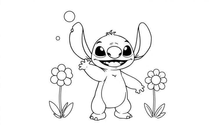 Stitch in a black and white line drawing, striking a happy pose with arms raised, featuring big ears, eyes, and a wide grin, surrounded by simple flower drawings and bubbles. Perfect for a color panel.