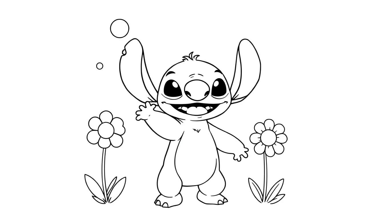 Stitch in a black and white line drawing, striking a happy pose with arms raised, featuring big ears, eyes, and a wide grin, surrounded by simple flower drawings and bubbles. Perfect for a color panel.