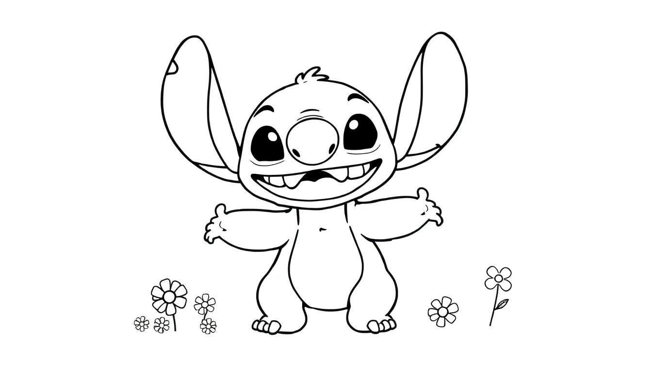 A black and white drawing of Stitch offering a hug, part of a color panel for kids.