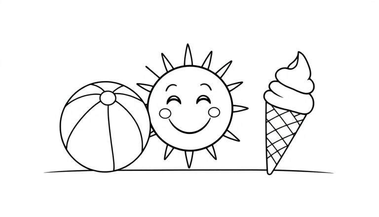 A cute black and white coloring page color panel of a happy sun, a beach ball, and an ice cream cone for summer fun!