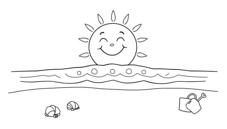 Black and white illustration of a beach scene with a smiling sun, waves, two seashells, and a bucket with a shovel, ready for a color panel.