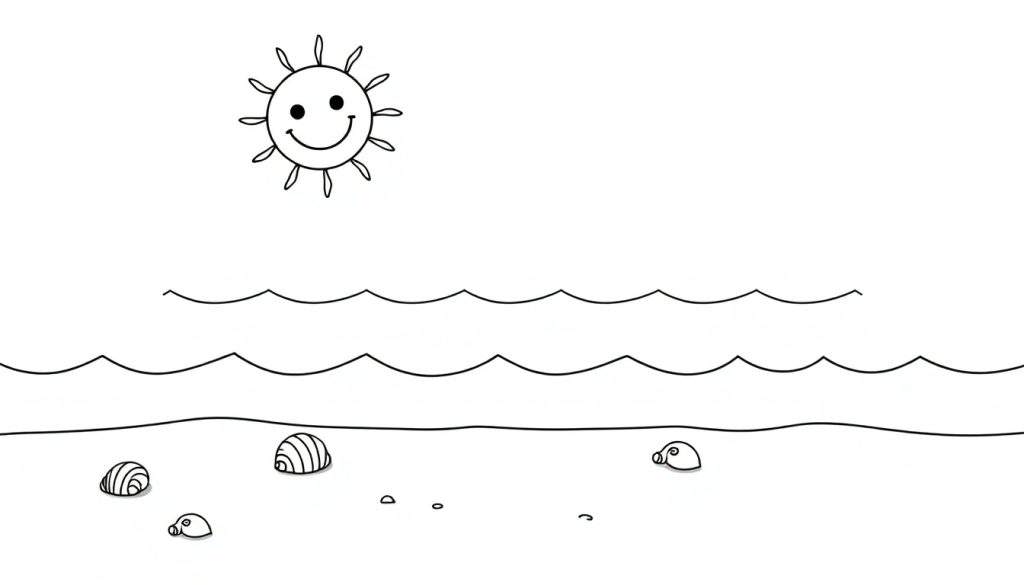A black and white color panel of a happy sun, wavy ocean, and sandy beach with shells.
