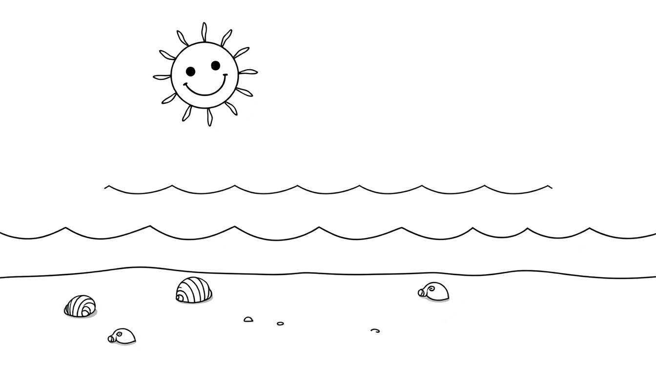 A black and white color panel of a happy sun, wavy ocean, and sandy beach with shells.