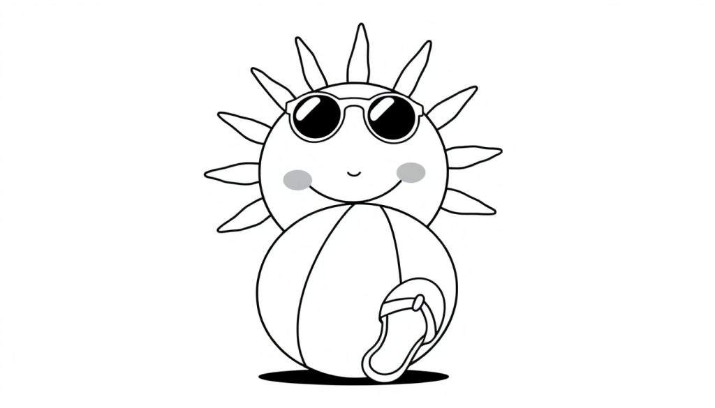 A smiling sun in sunglasses on a color panel, holding a beach ball with a flip flop on it.