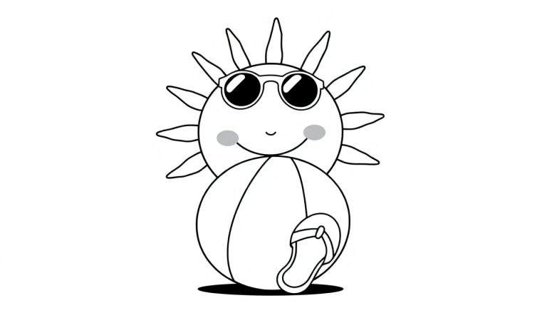 A smiling sun in sunglasses on a color panel, holding a beach ball with a flip flop on it.
