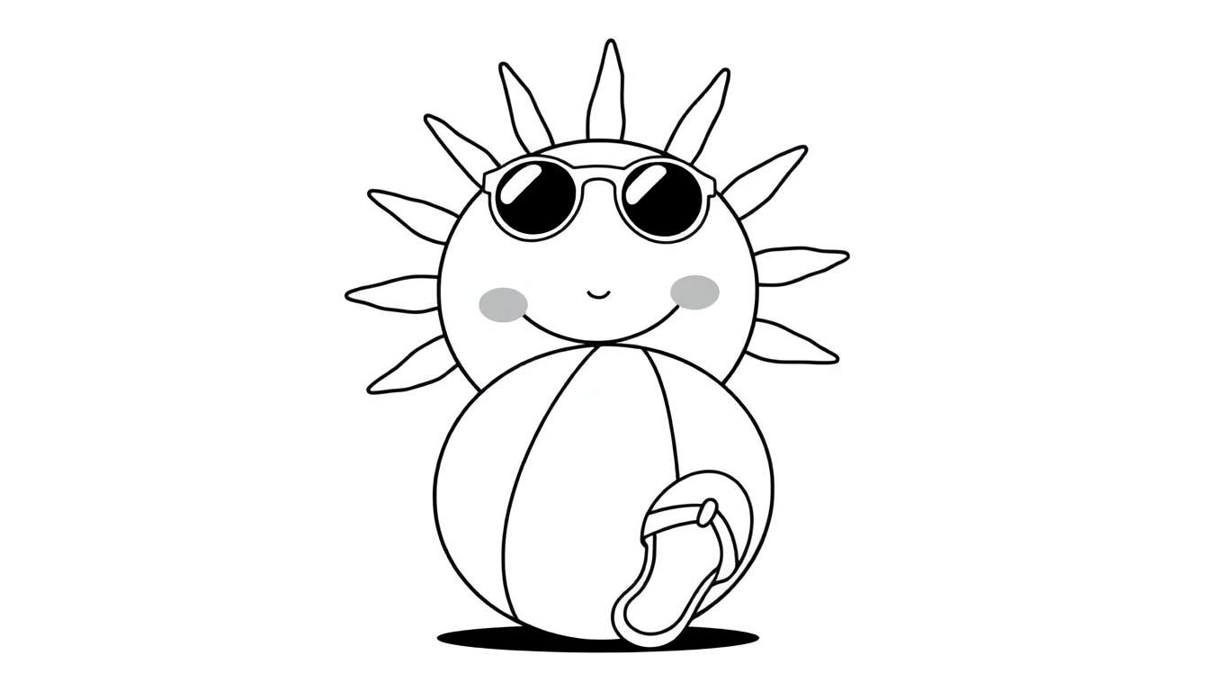 A smiling sun in sunglasses on a color panel, holding a beach ball with a flip flop on it.
