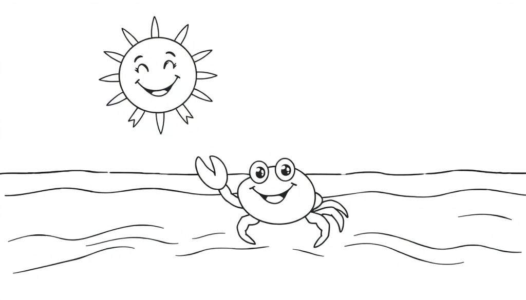 A cute black and white coloring page of a happy sun and a friendly crab on a beach, a color panel for little artists.