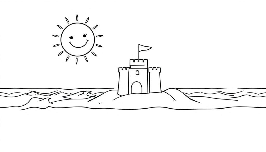 A cheerful sun smiling over a beach with playful waves and a sandcastle, a perfect color panel for creativity.