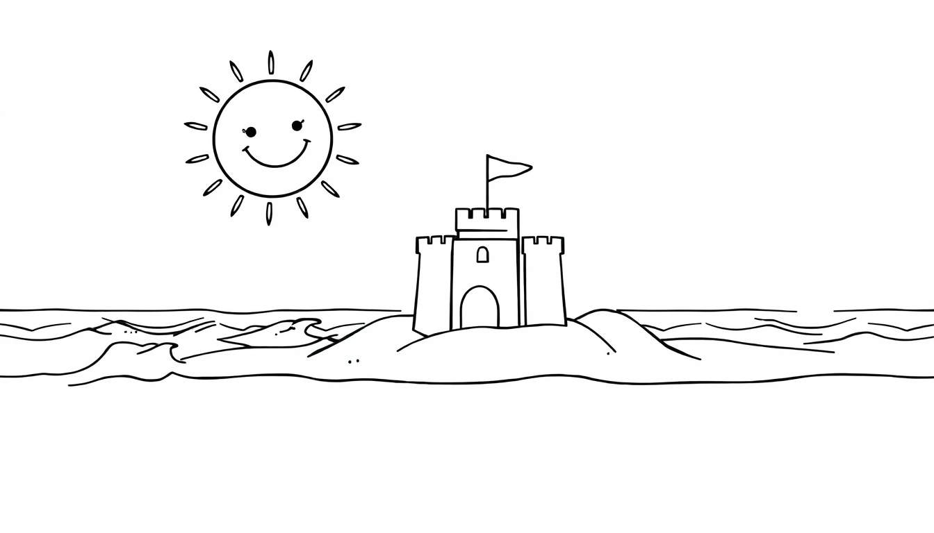 A cheerful sun smiling over a beach with playful waves and a sandcastle, a perfect color panel for creativity.