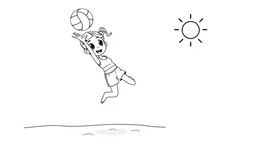 A cute black and white line drawing of a girl playing volleyball on a sunny beach, ready for a color panel.
