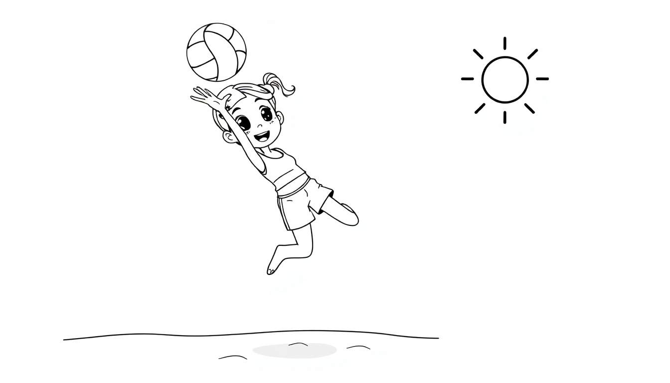 A cute black and white line drawing of a girl playing volleyball on a sunny beach, ready for a color panel.