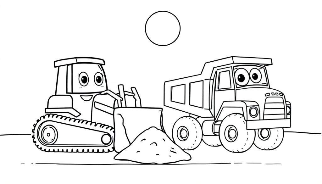 A happy bulldozer and a friendly dump truck on a sunny construction site, black and white color panel.