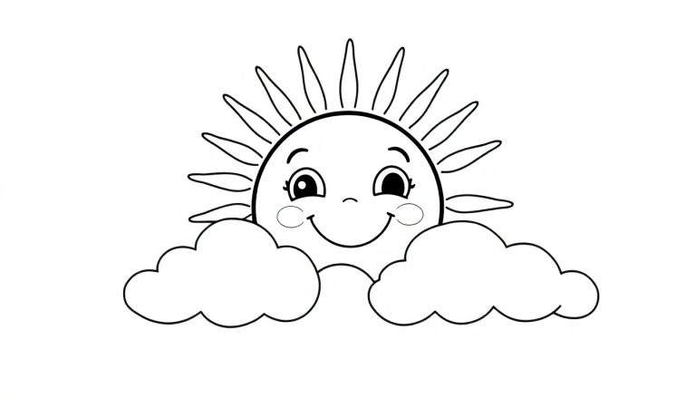 A happy sun with bold outlines on a color panel, peeking over fluffy clouds, ready for coloring.