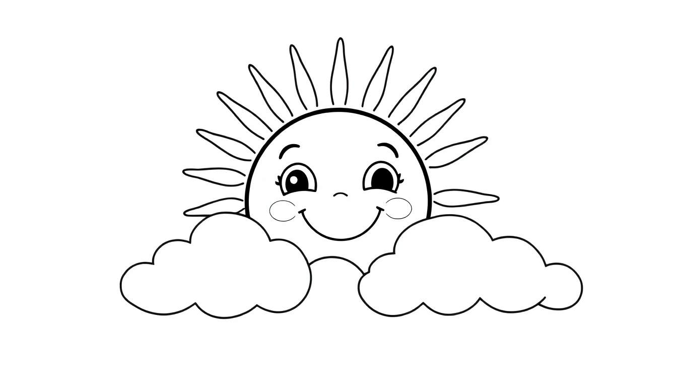 A happy sun with bold outlines on a color panel, peeking over fluffy clouds, ready for coloring.