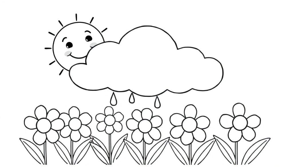 A cheerful sun peeking from a cloud with rain drops on a flower color panel.
