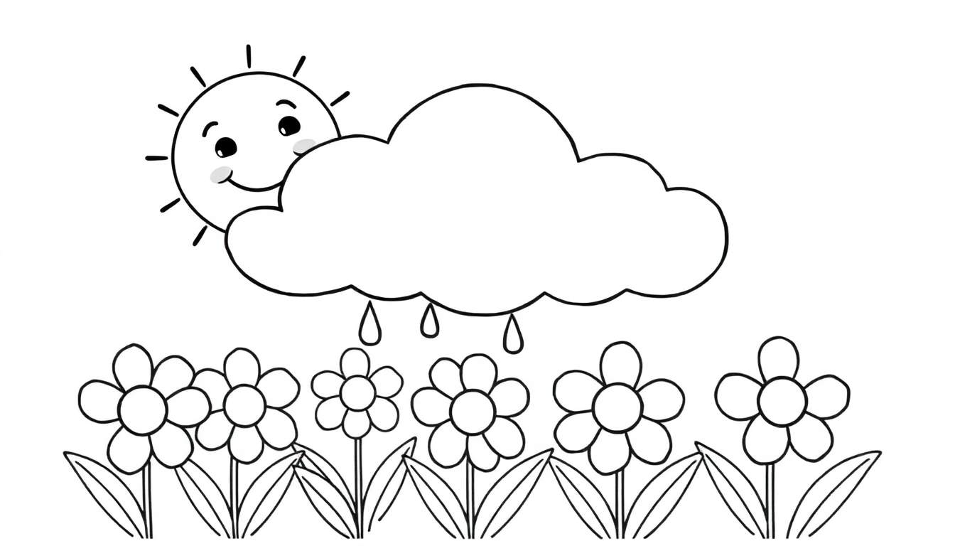 A cheerful sun peeking from a cloud with rain drops on a flower color panel.