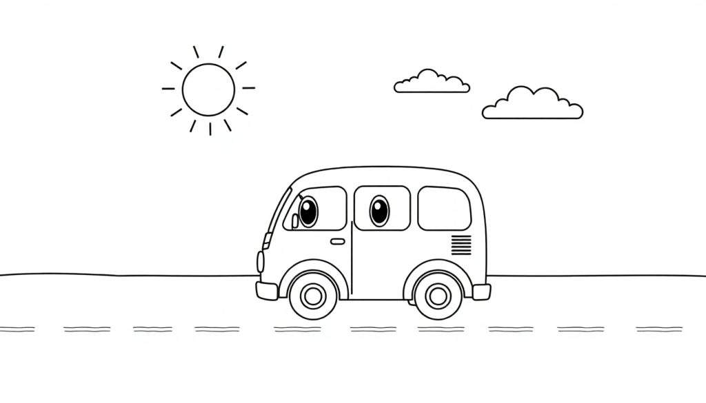 A friendly cartoon van with big eyes on a sunny road color panel.